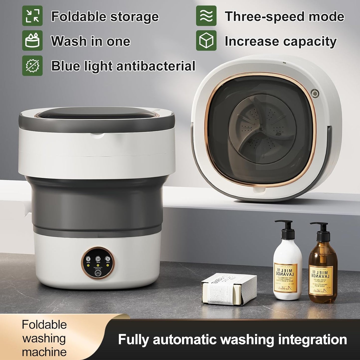 Portable Washing Machine 20L —Small Foldable Washer with Spin Basket, 3 Mode Deep Clean — Mini Laundry Machine for Travel, Dorms, Camping, Ideal for Baby Clothes, Underwear, Socks Gray