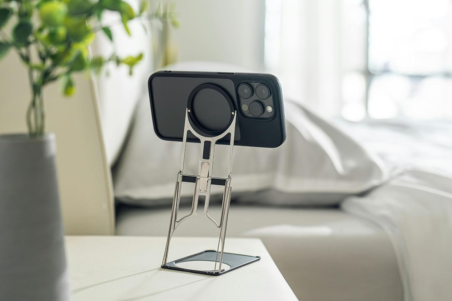 Ultra-Slim Metal Stand for iPhone – 0.1” Paper-Thin, 2oz Lightweight, 5" Height, 3D Stepless Angle Adjustment, Foldable Pocket-Size Kickstand, MagSafe Compatible (Silver)
