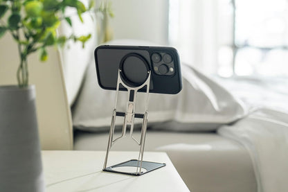 Ultra-Slim Metal Stand for iPhone – 0.1” Paper-Thin, 2oz Lightweight, 5" Height, 3D Stepless Angle Adjustment, Foldable Pocket-Size Kickstand, MagSafe Compatible (Silver)