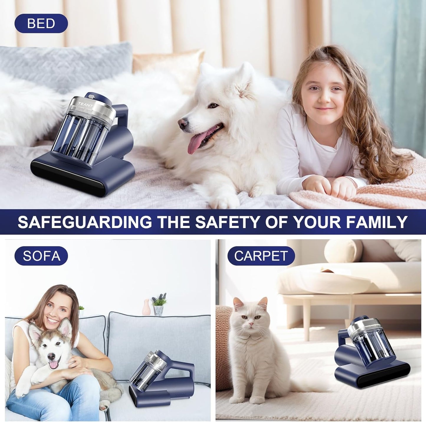 Teant Mattress Vacuum Bed Vacuum Cleaner with 253.7nm UV-C Light, Hyper Helix Motor with 16kPa Strong Suction & 33000 RPM/Min Tapping, HEPA Filter, 149℉ Heat & Ultrasonic & Anion for Bed and Pet.