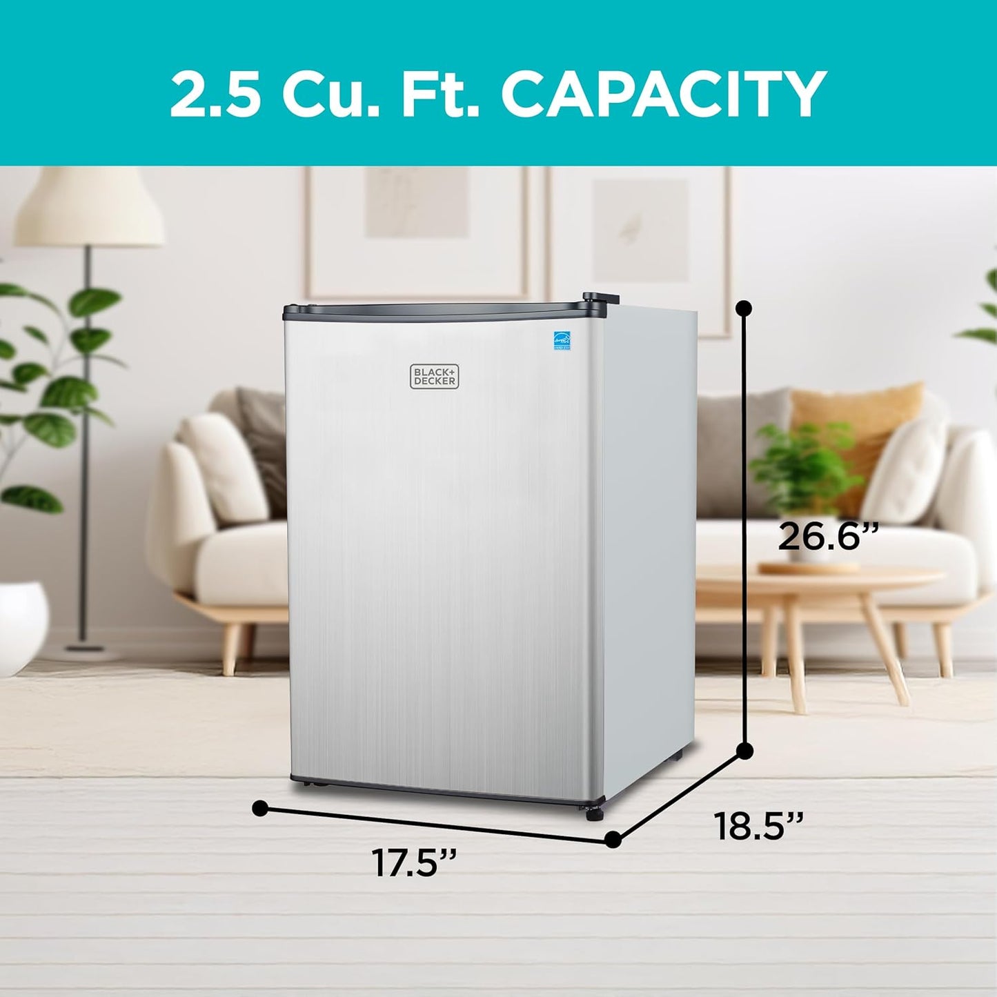 BLACK+DECKER 2.5 Cu. Ft. Compact Refrigerator, ENERGY STAR Certified, Single Door Mini Fridge with Chiller Compartment, Personal Fridge for Home or Dorm Room, R600a Refrigerant, BCRK25V,Stainless Look