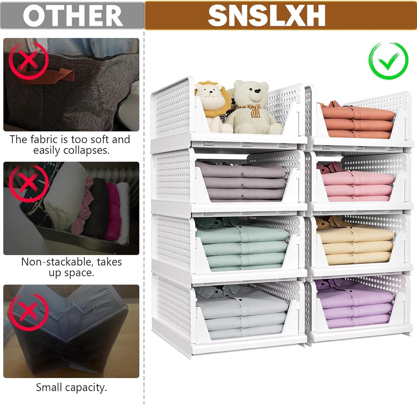 5 Pack Stackable Closet Storage Basket, Multifunctional & Foldable Closet Organizer for Bathroom Kitchen Laundry Room Wardrobe Storage, Space-Saving Clothes Storage Drawer Organizer