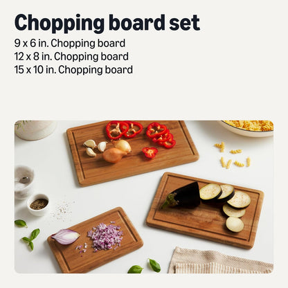 Basics Wooden Chopping Boards, 3-Piece Set, Acacia Wood, Pre-Oiled with Juice Groove