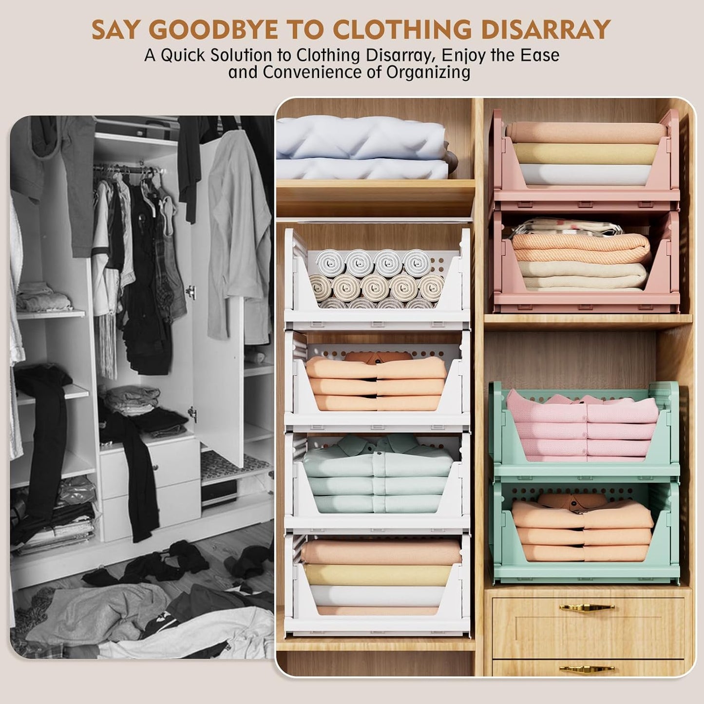 5 Pack Stackable Closet Storage Basket, Multifunctional & Foldable Closet Organizer for Bathroom Kitchen Laundry Room Wardrobe Storage, Space-Saving Clothes Storage Drawer Organizer