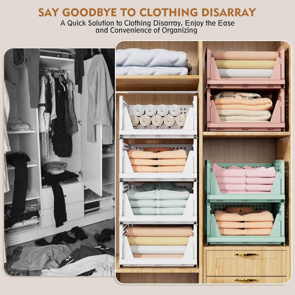 5 Pack Stackable Closet Storage Basket, Multifunctional & Foldable Closet Organizer for Bathroom Kitchen Laundry Room Wardrobe Storage, Space-Saving Clothes Storage Drawer Organizer