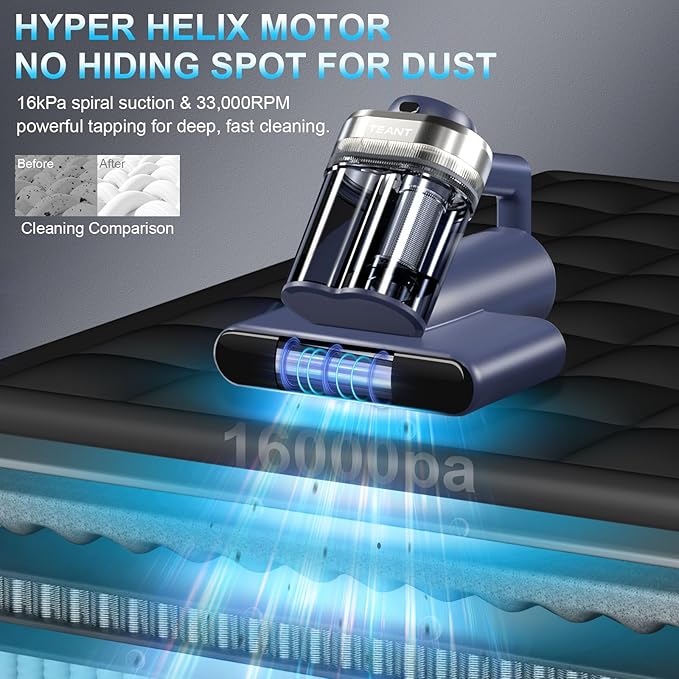 Teant Mattress Vacuum Bed Vacuum Cleaner with 253.7nm UV-C Light, Hyper Helix Motor with 16kPa Strong Suction & 33000 RPM/Min Tapping, HEPA Filter, 149℉ Heat & Ultrasonic & Anion for Bed and Pet.