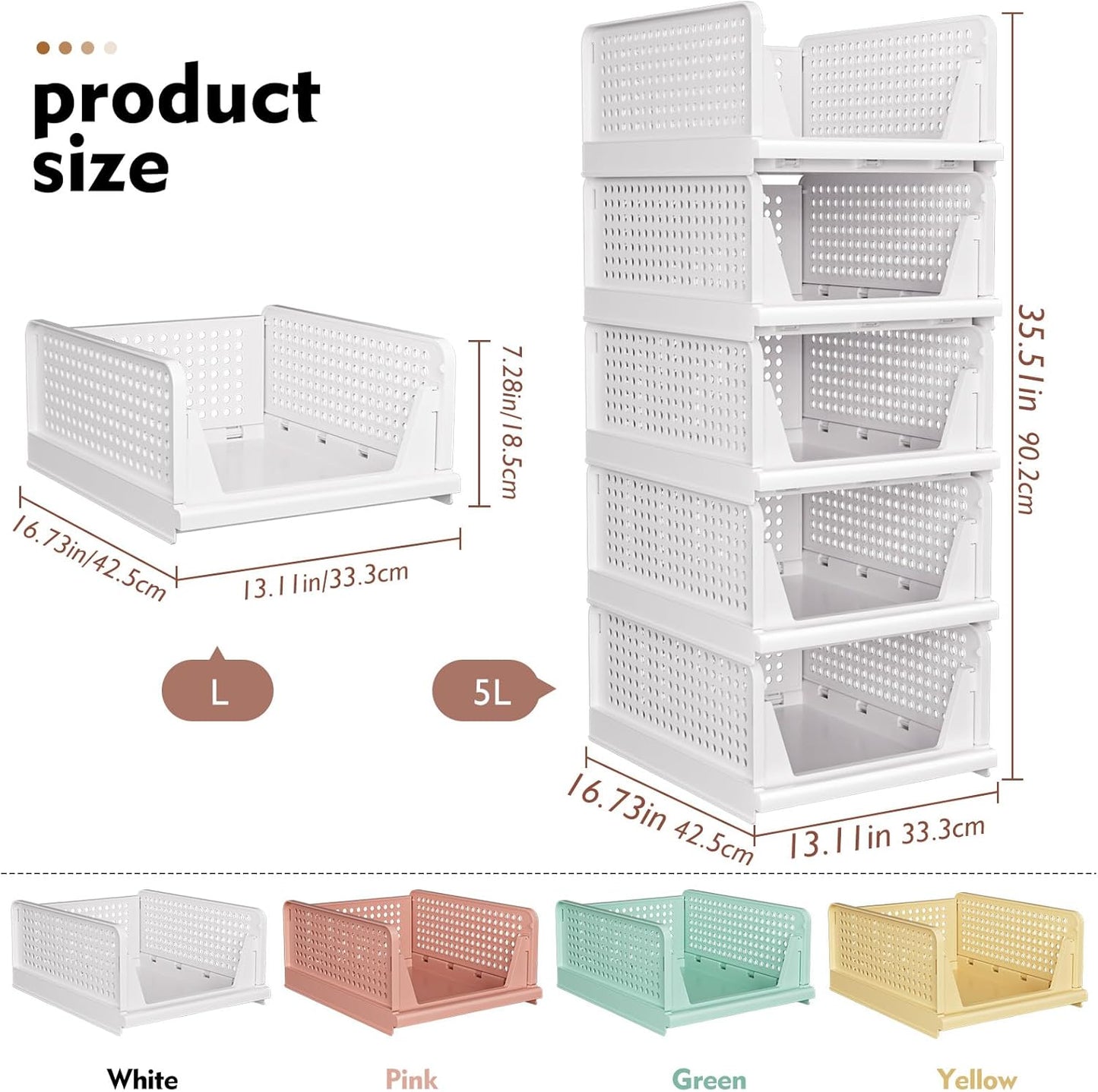 5 Pack Stackable Closet Storage Basket, Multifunctional & Foldable Closet Organizer for Bathroom Kitchen Laundry Room Wardrobe Storage, Space-Saving Clothes Storage Drawer Organizer