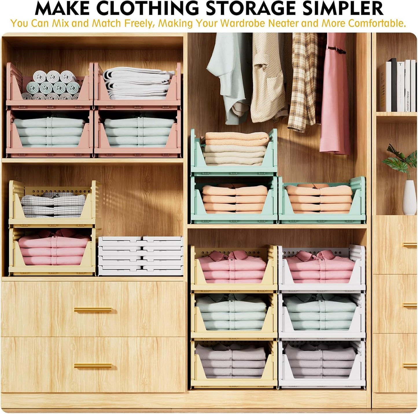 5 Pack Stackable Closet Storage Basket, Multifunctional & Foldable Closet Organizer for Bathroom Kitchen Laundry Room Wardrobe Storage, Space-Saving Clothes Storage Drawer Organizer