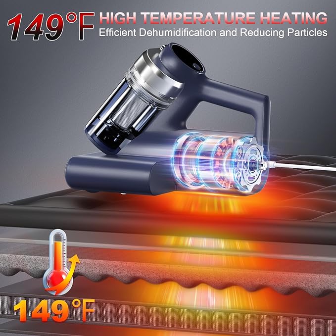 Teant Mattress Vacuum Bed Vacuum Cleaner with 253.7nm UV-C Light, Hyper Helix Motor with 16kPa Strong Suction & 33000 RPM/Min Tapping, HEPA Filter, 149℉ Heat & Ultrasonic & Anion for Bed and Pet.