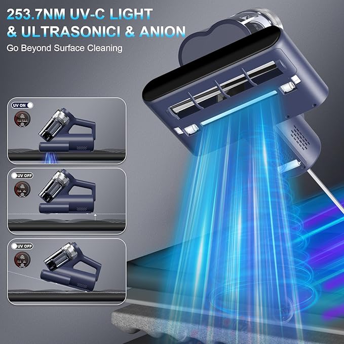 Teant Mattress Vacuum Bed Vacuum Cleaner with 253.7nm UV-C Light, Hyper Helix Motor with 16kPa Strong Suction & 33000 RPM/Min Tapping, HEPA Filter, 149℉ Heat & Ultrasonic & Anion for Bed and Pet.