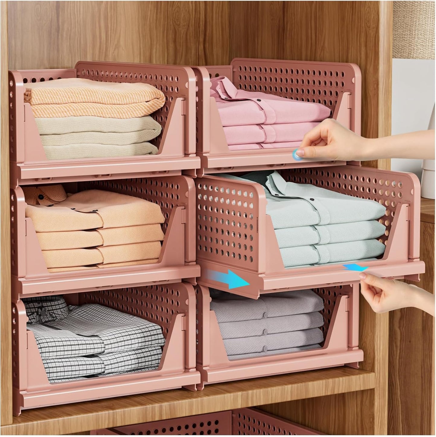 5 Pack Stackable Closet Storage Basket, Multifunctional & Foldable Closet Organizer for Bathroom Kitchen Laundry Room Wardrobe Storage, Space-Saving Clothes Storage Drawer Organizer