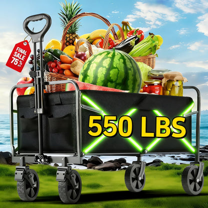 220LBS/ 450LBS/ 680LBS All Terrain Heavy Duty Folding Cart, Large Capacity Camper Suitable for Yard Shopping/ Sports/ Outdoor/ Gardening Equipment Handling, Black Multifunctional Utility Cart