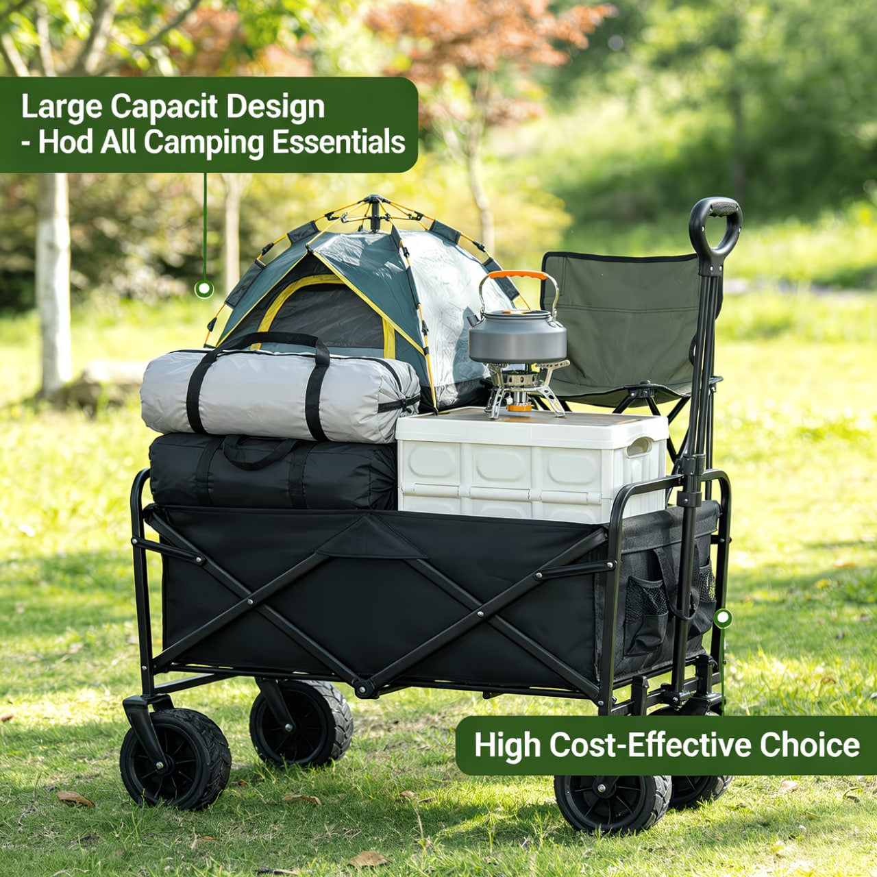 220LBS/ 450LBS/ 680LBS All Terrain Heavy Duty Folding Cart, Large Capacity Camper Suitable for Yard Shopping/ Sports/ Outdoor/ Gardening Equipment Handling, Black Multifunctional Utility Cart