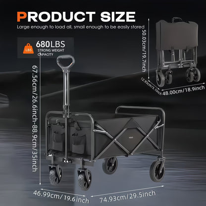 220LBS/ 450LBS/ 680LBS All Terrain Heavy Duty Folding Cart, Large Capacity Camper Suitable for Yard Shopping/ Sports/ Outdoor/ Gardening Equipment Handling, Black Multifunctional Utility Cart